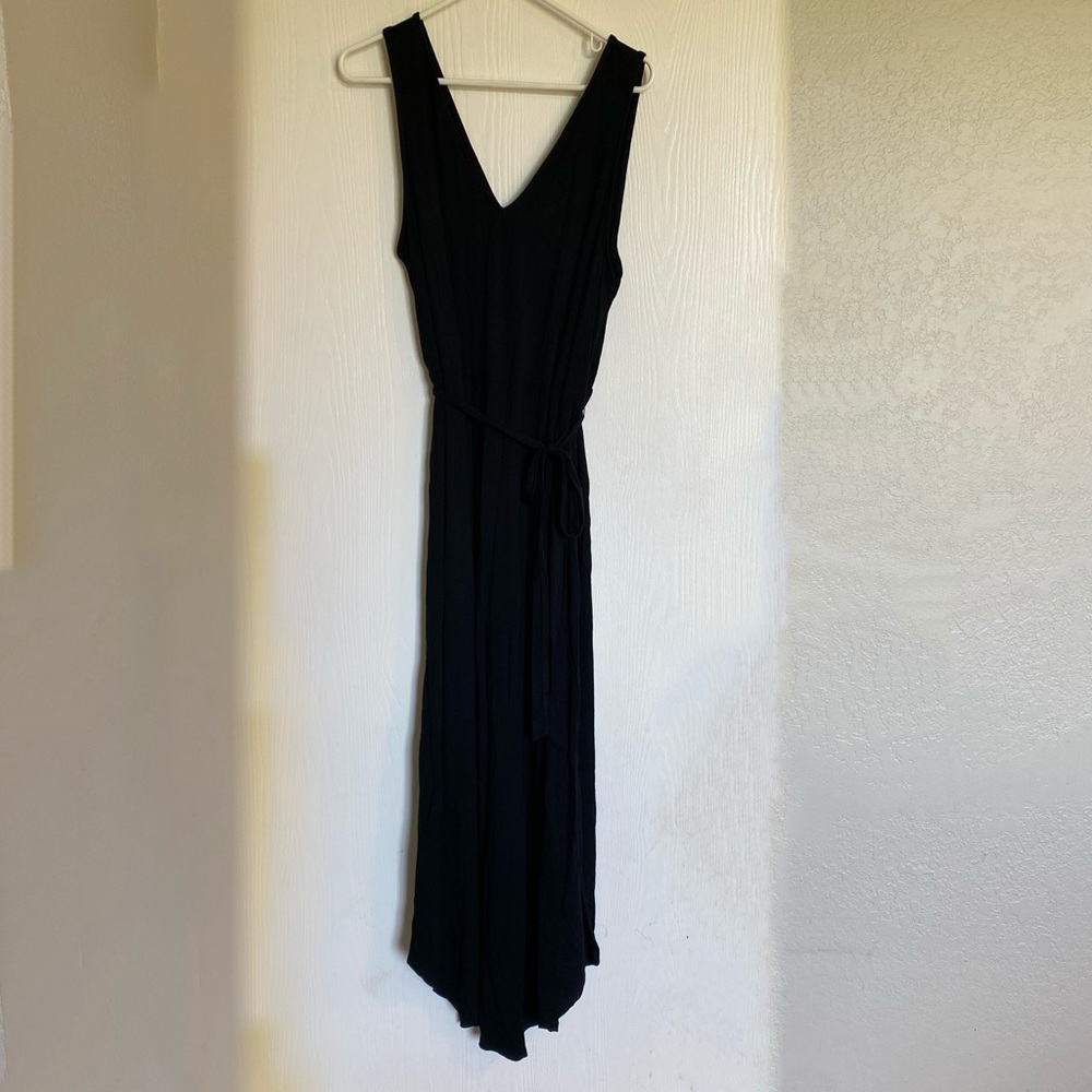 Deep V Black Dress with Waist Tie